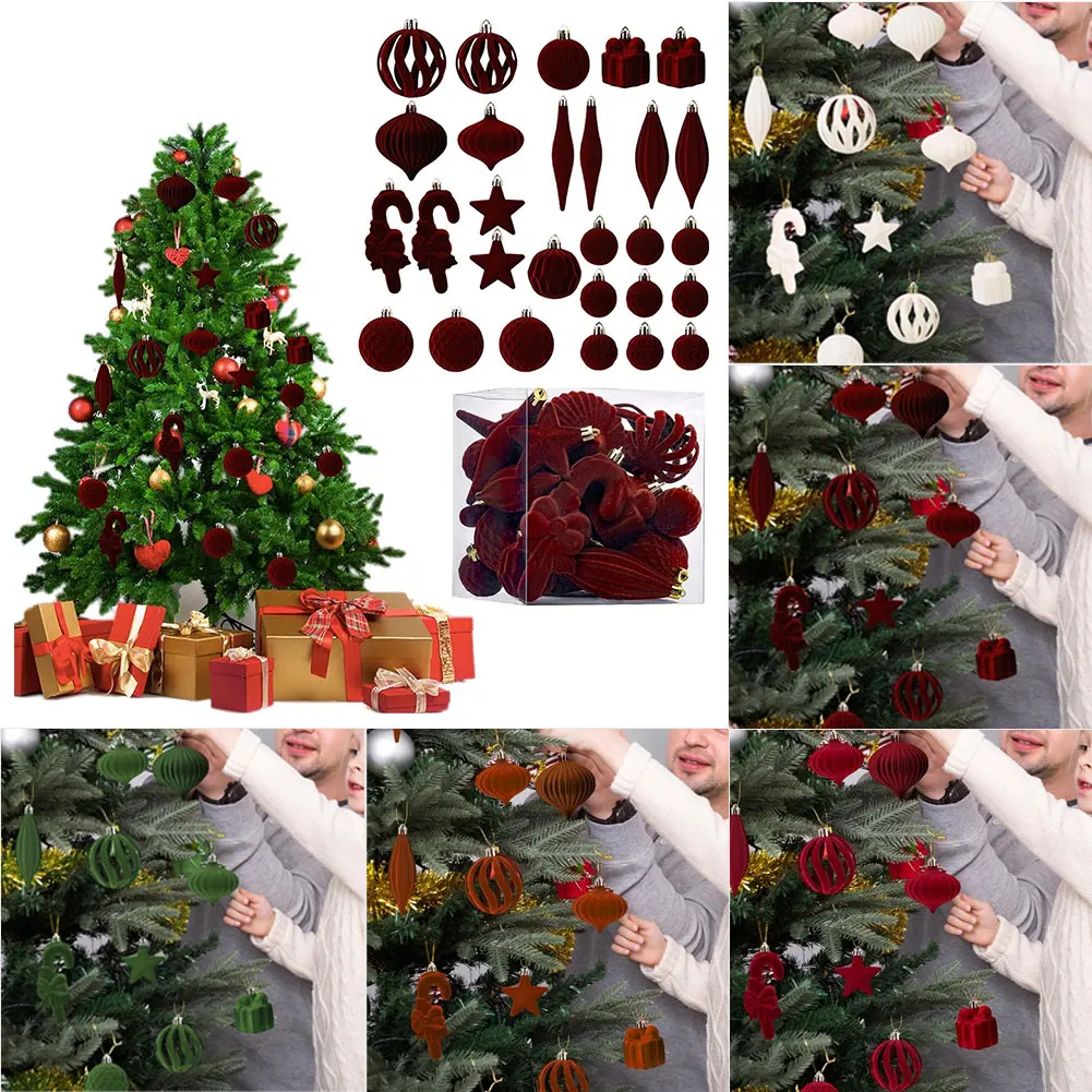 

28 Pcs Velvet Finish Christmas Ornaments Set for Holiday Cheer and Seasonal Home Decoration with Secure Hanging Loops