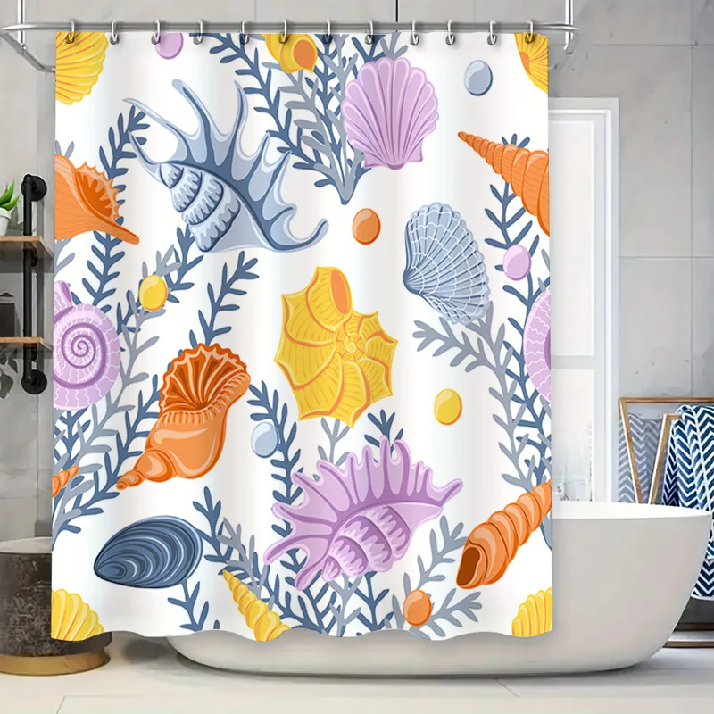 

Занавеска для душа Seascape с принтом коралла и ракушки, синяя, оранжевая, фиолетовая, желтая декоративная занавеска для душа с ковриком для ванной, водонепроницаемая Po
