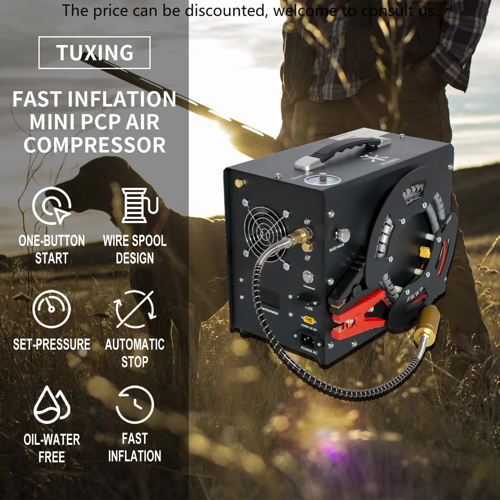 

TUXING Supplier MINI 12V 4500psi 300bar Wire Spool Design DC Power Adapter Fan Cooling Auto Stop Hunting Portable Air Compressor