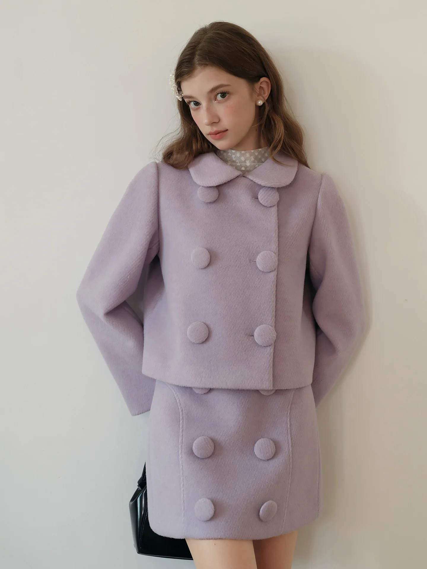 

New Purple Miniature Style Set Dress Double Button Doll Collar Woolen Coat Short Half Skirt Two Piece Set Women Spring