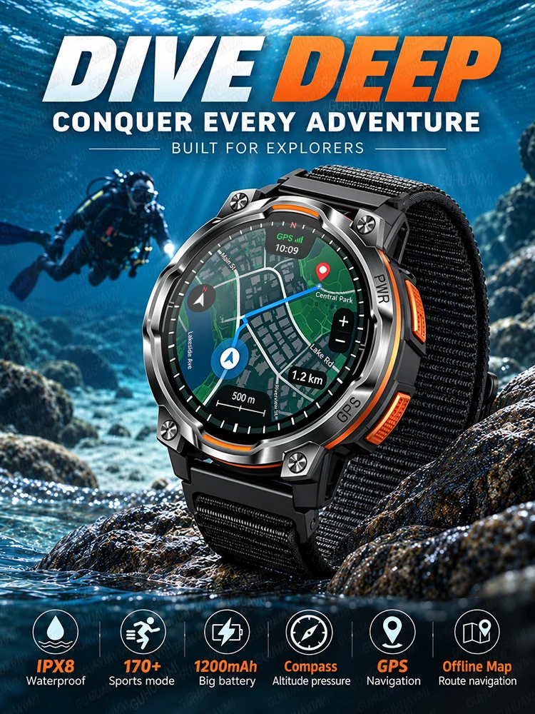 Neue All-Terrain Offline-Karten-GPS-Smartwatch für Herren, 1200mAh Akku, IPX8 Wasserdicht, Kompass, Höhenmesser, Taschenlampe, Militärische Smartwatch