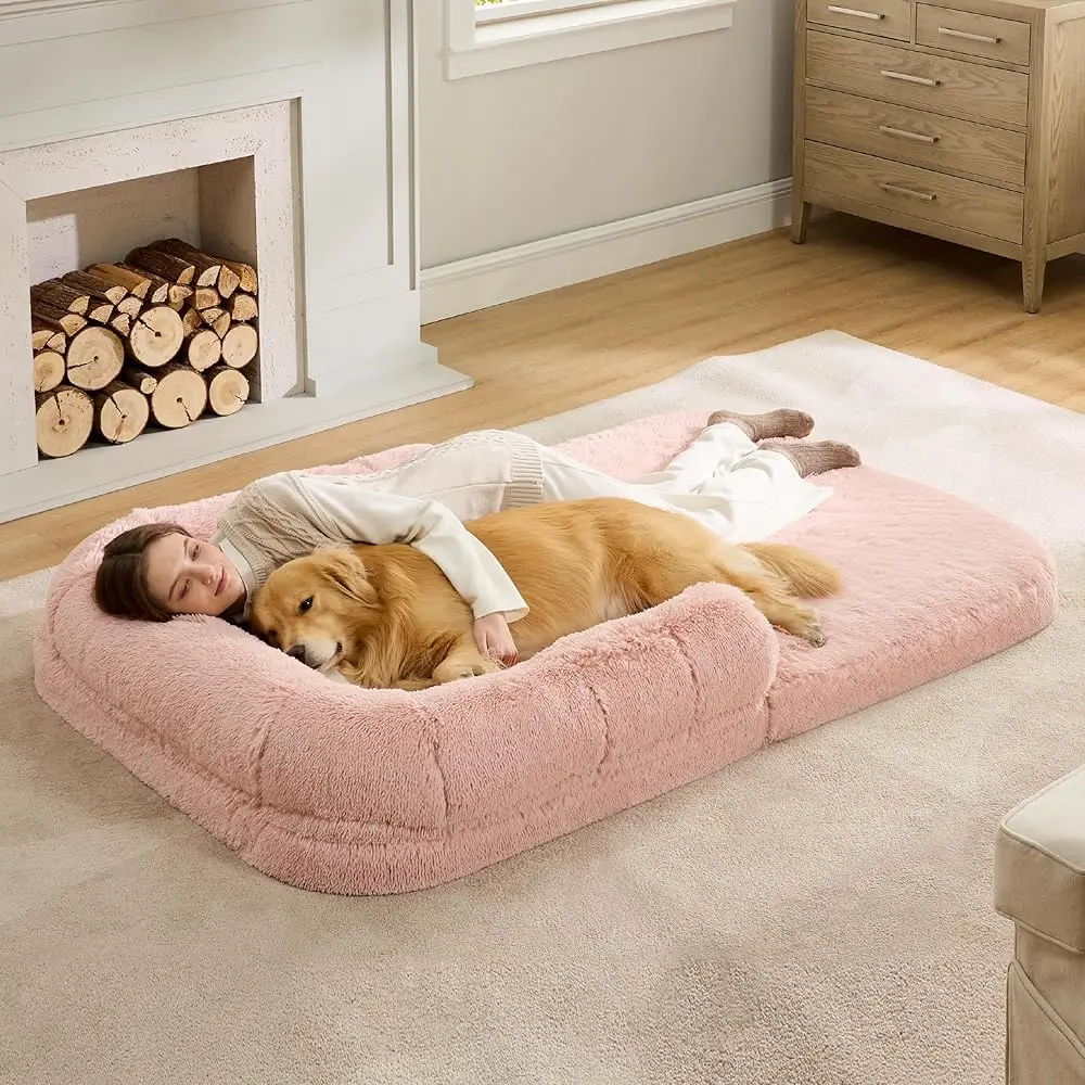 

Foldable Human Size Giant Dog Bed For Adults, 2 In 1 Calming Pet Bed With Egg Foam Supportive Mat And Waterproof Liner,