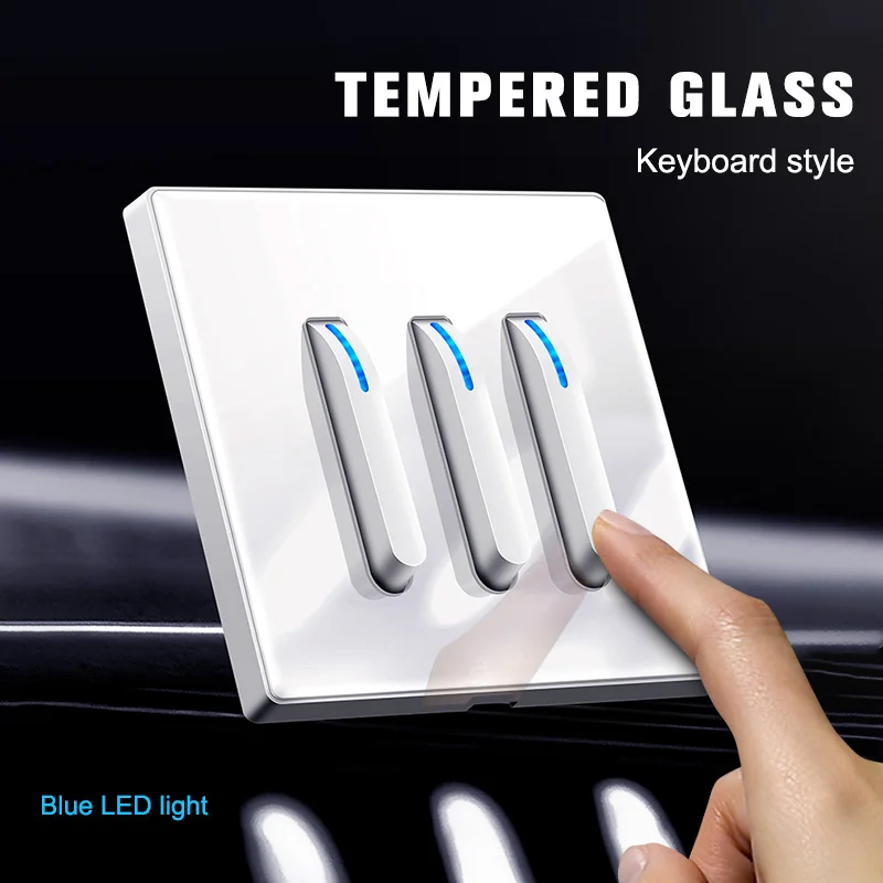 

Tempered Glass Wall Light Switch Self-Reset Led Indicator EU USB Type-C Charger Port 13A UK Wall Outlet, 1 2 3 4gang/2 Way White