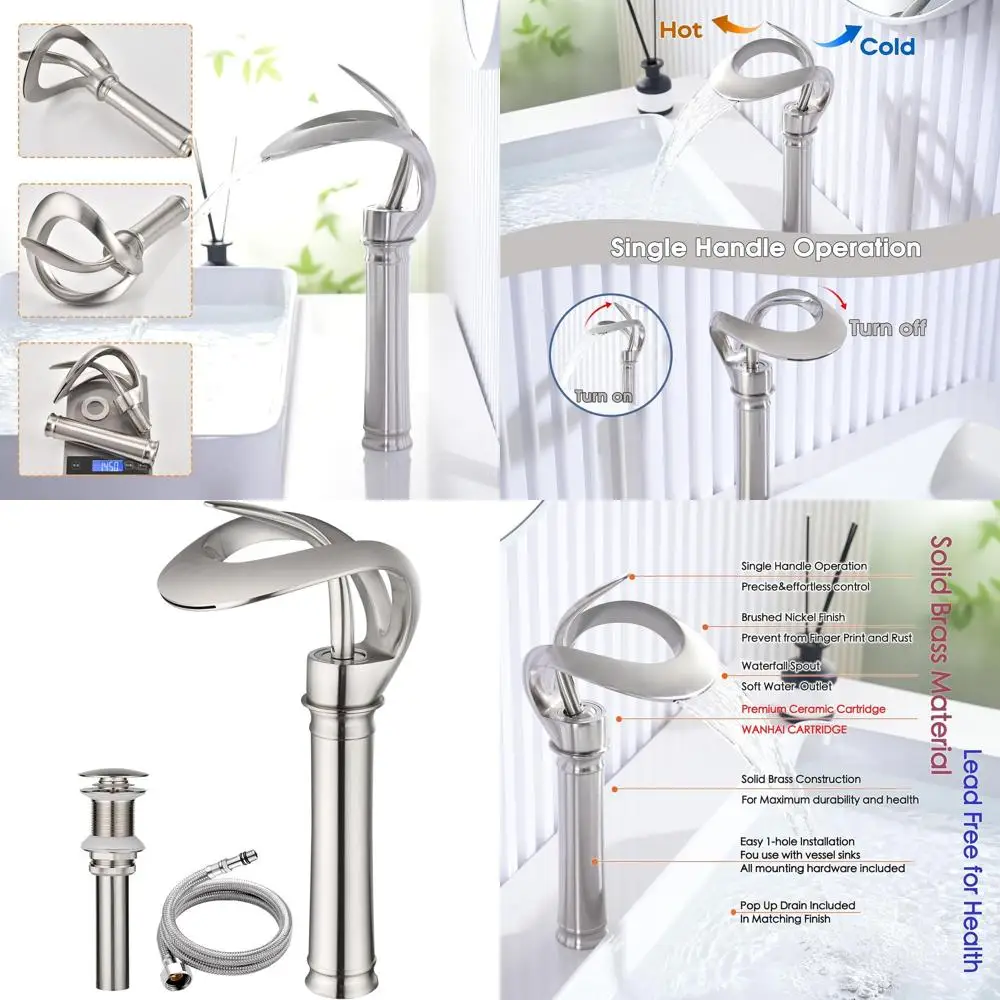 

Stylish Single Hole Waterfall Faucet, Brushed Nickel Vessel Sink Mixer, Solid Brass with Pop-Up Drain, Tall Design