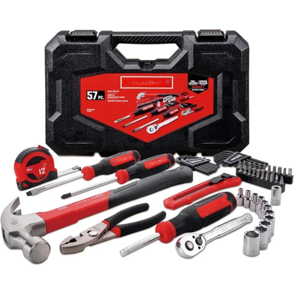 

Home Tool Kit for Mechanics Sockets, Tool Bag, Wheeled Drill Bits, Screwdrivers, Hammer, Hex Keys, 57 Pcs Mechanics Tool Set