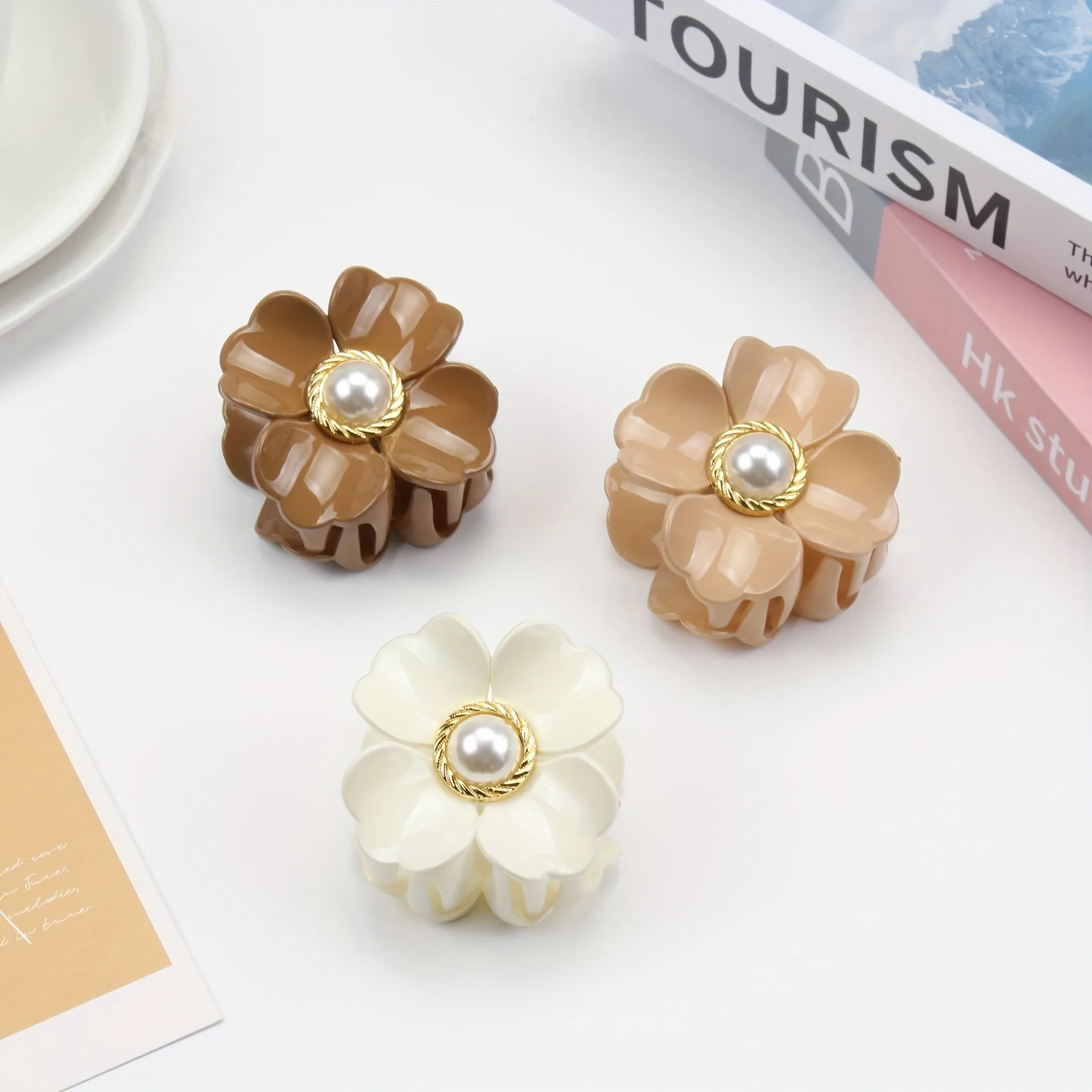 Elegant Flower Shaped Hair Claw Clips With Faux Pearl Decor, Nonslip Hair Clips For Women, Strong Hold Hair Accessory