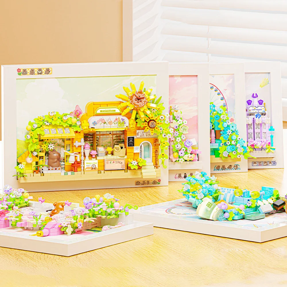 ชุดของเล่นตัวต่อแม่เหล็ก 3 มิติ ลายดอกไม้ โลกแห่งดอกไม้ บ้านปราสาทคาปิบาร่า การ์ตูนน่ารัก พร้อมกรอบรูปแม่เหล็ก ของขวัญสุดพิเศษ