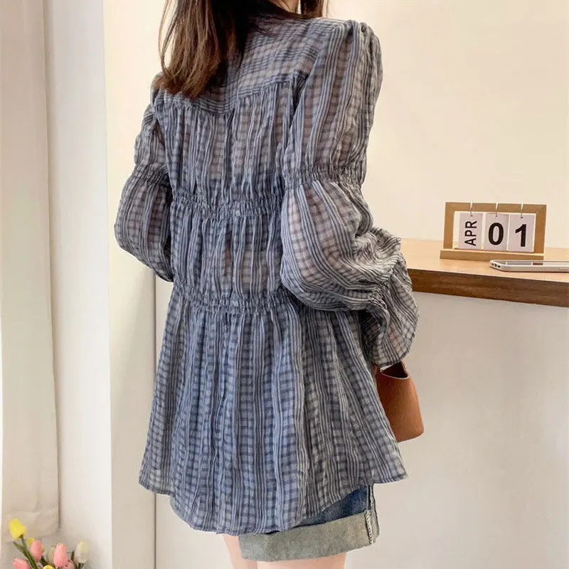 Commute Plaid Ruffles V-Neck Blouse Female Clothing Fashion Folds Spliced Drawstring Spring Summer Long Sleeve Waist Slim Shirt