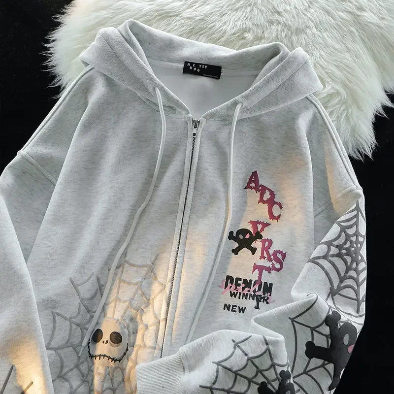 

American spider print cardigan hooded sweatshirt plus velvet thickening men and women ins fashion brand loose thin couple coat