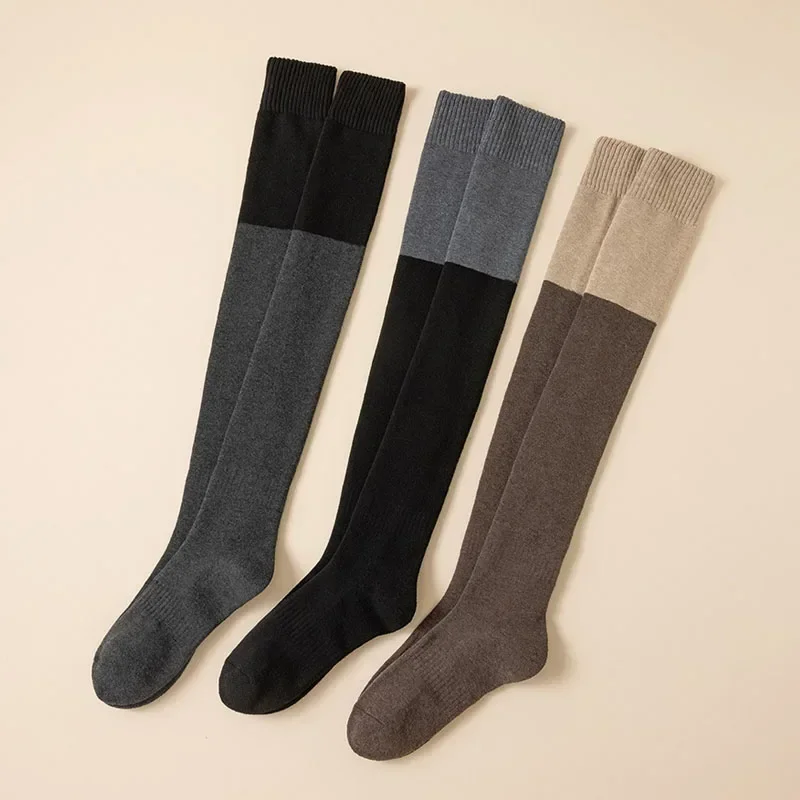 Chaussettes longues épaisses en coton pour femmes, chaussettes thermiques au-dessus du genou, chaussettes hautes respirantes, bas décontractés solides, hiver chaud