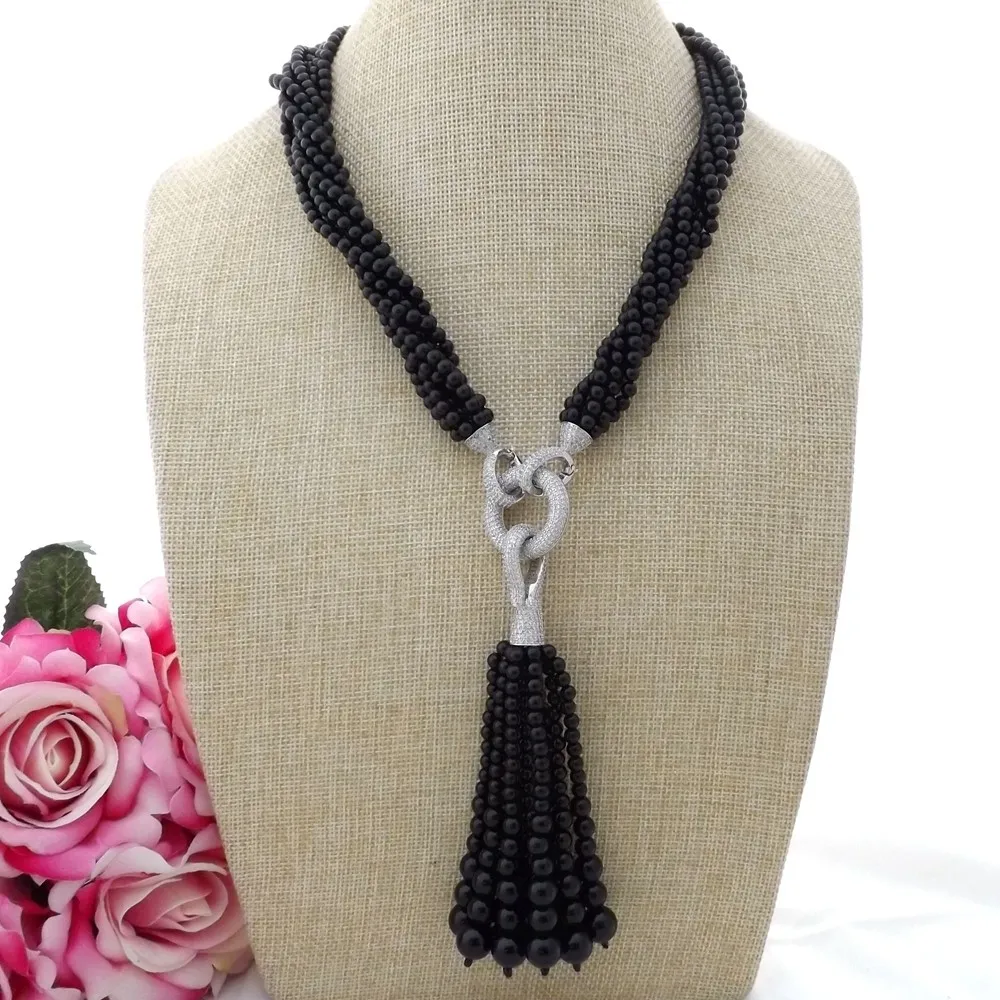 

20" 7Stands 4mm Onyx Necklace CZ Pendant