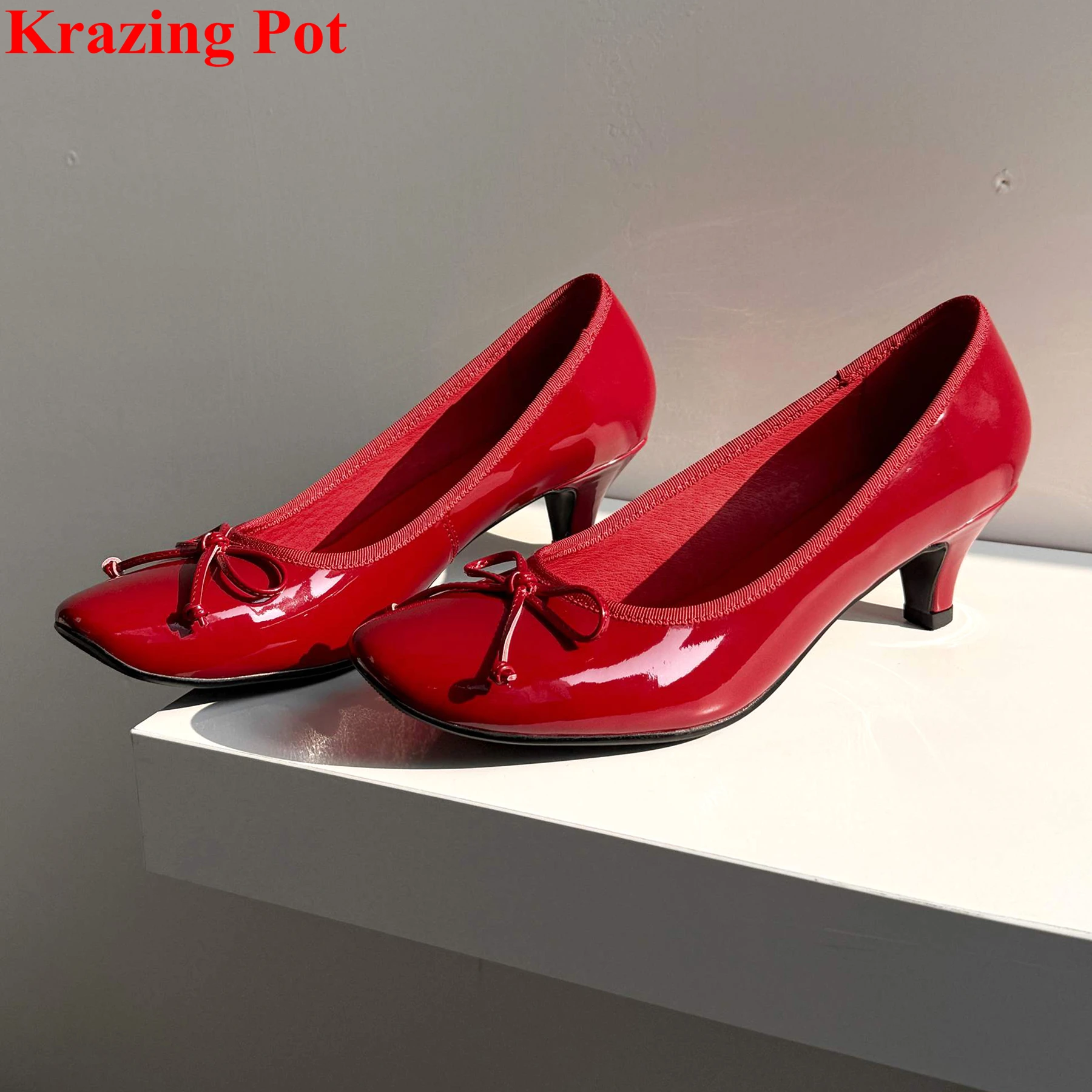 

Krazing Pot, лакированная кожа, туфли на высоком каблуке с круглым носком и узлом-бабочкой, весенне-осенняя обувь без шнуровки, элегантные женские туфли-лодочки для свиданий