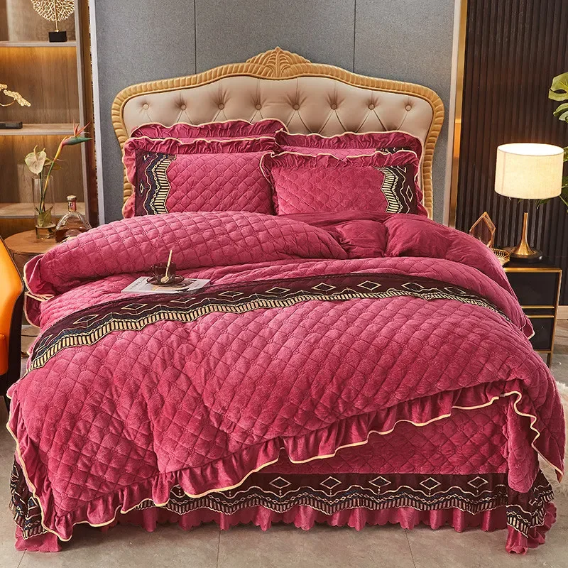 AI WINSURE-Quilted Velvet Duvet Cover Set, Queen King Double Bed, Winter Luxury, Lace Quilt Cover, with 2 Pillowcases Soft