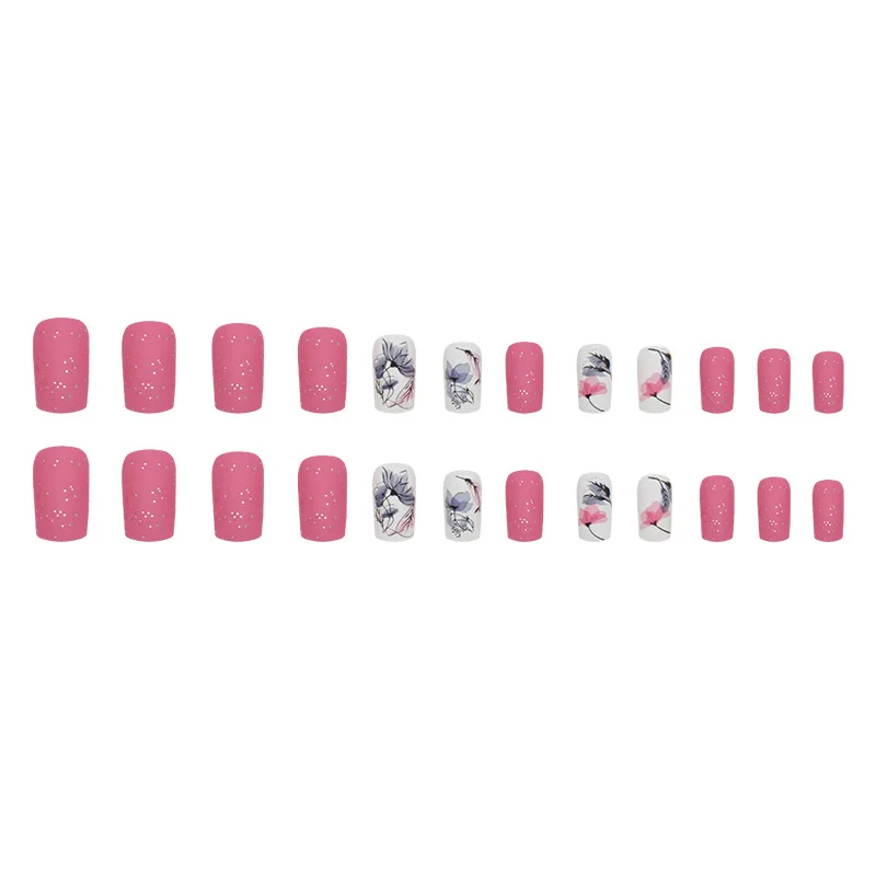24 قطعة مربع متجمد لوتس بريق مسحوق الوردي الصحافة على الأظافر الوردي الزهور الأظافر وهمية غطاء كامل يمكن ارتداؤها الأظافر كاذبة
