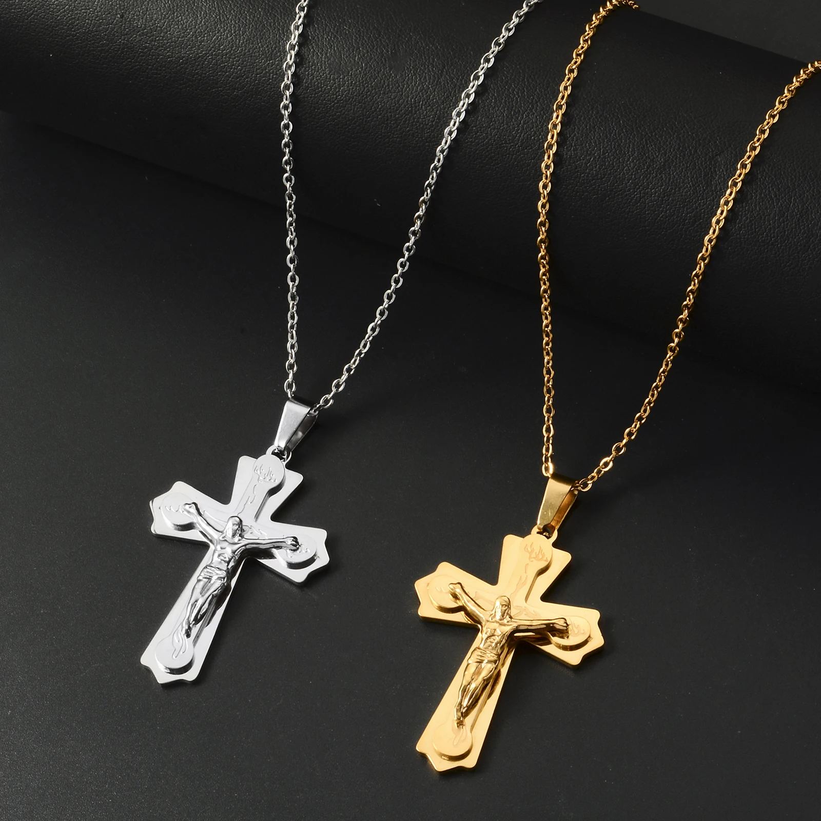 ﻿ Religion Jesus Crucifix Cross Stainless Steel Saint St St. Benedict Crucifix Cross Pendant Necklaces For Men Christmas Gift