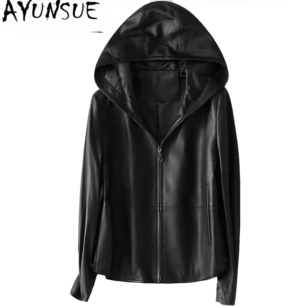 AYUNSUE Women 100% Real Sheepskin Coat Hooded jacket spring 2023 fashion Genuine Leather Jackets  Chaqueta Mujer Top Quality