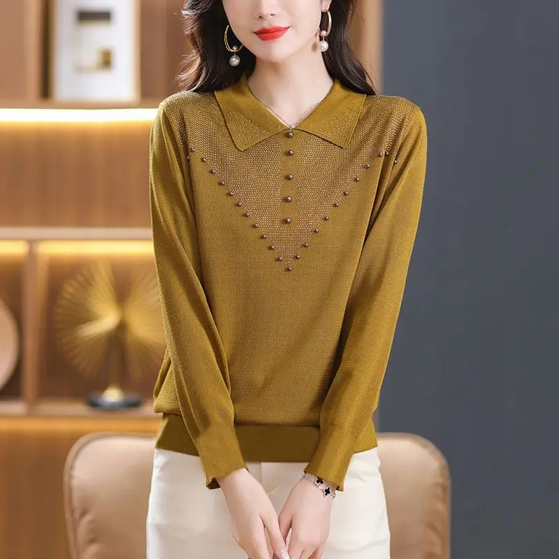 Women's Autumn New Lapel Knit Pullovers Solid Diamonds Base Layers Commuter Fashion Casual T-shirt Versatile Long Sleeves Tops