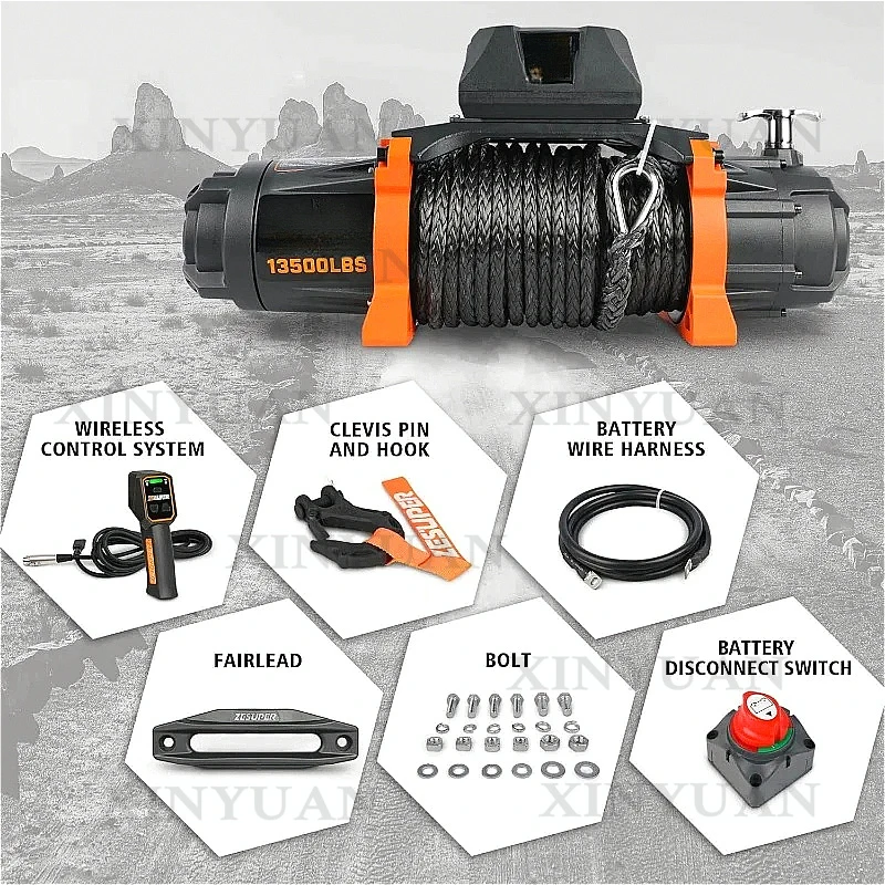 Electric Winch Kit 12V 13500 Lb Load Capacity IP66 Waterproof Synthetic Rope Hook 2025 Hot Sale