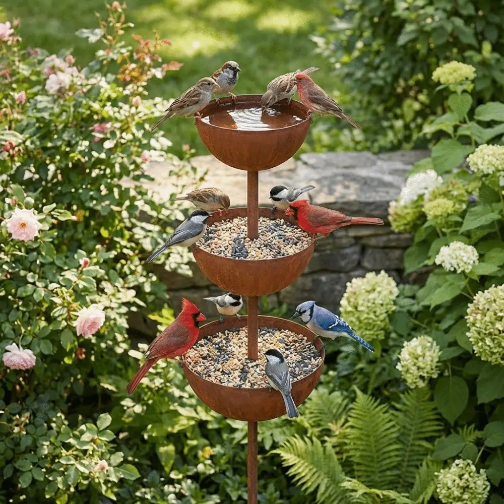Bebedouro de Pássaros de Metal de 3 Níveis com Suporte de Jardim, Estilo Vintage Enferrujado, para Pátio e Quintal