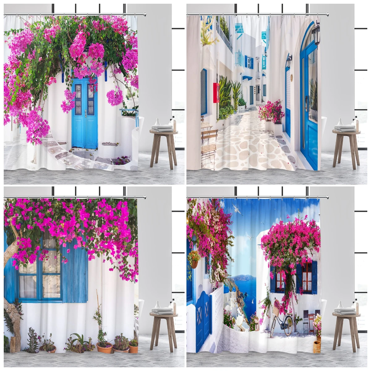 Greek Mediterranean Shower Curtain Purple Flowers Blue Door Window White Architecture Nature Landscape Bathroom Curtains Decor