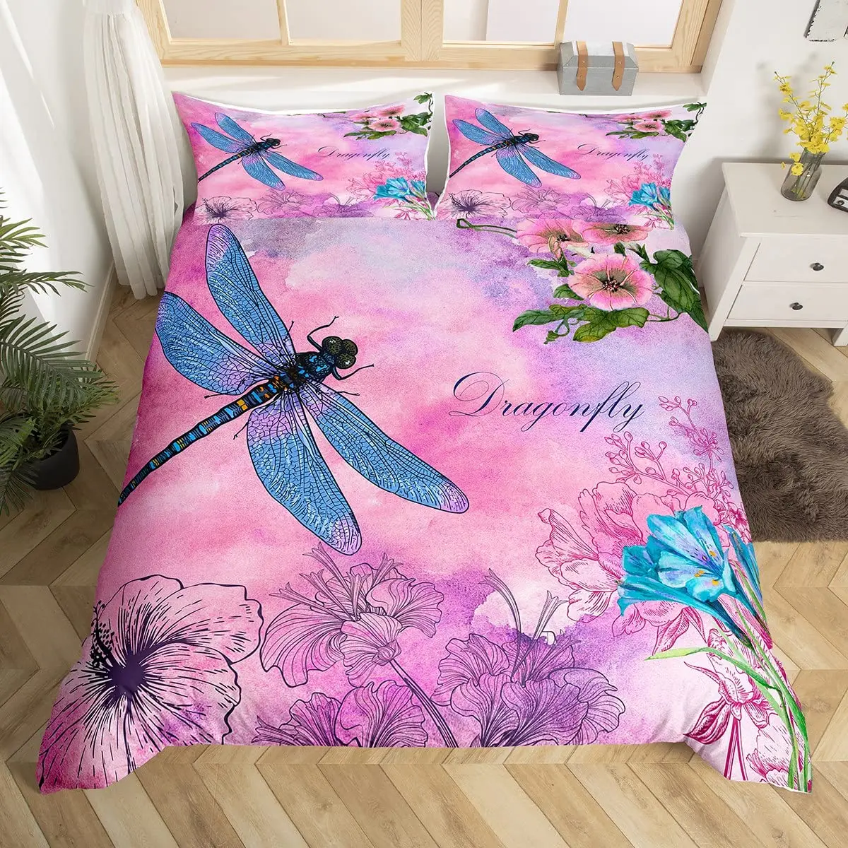 

Dragonfly Duvet Cover Flowers Bedding Set Rustic Aesthetic Animal Dragonflies Farmhouse Comforter Cover Gifts for Women Girls