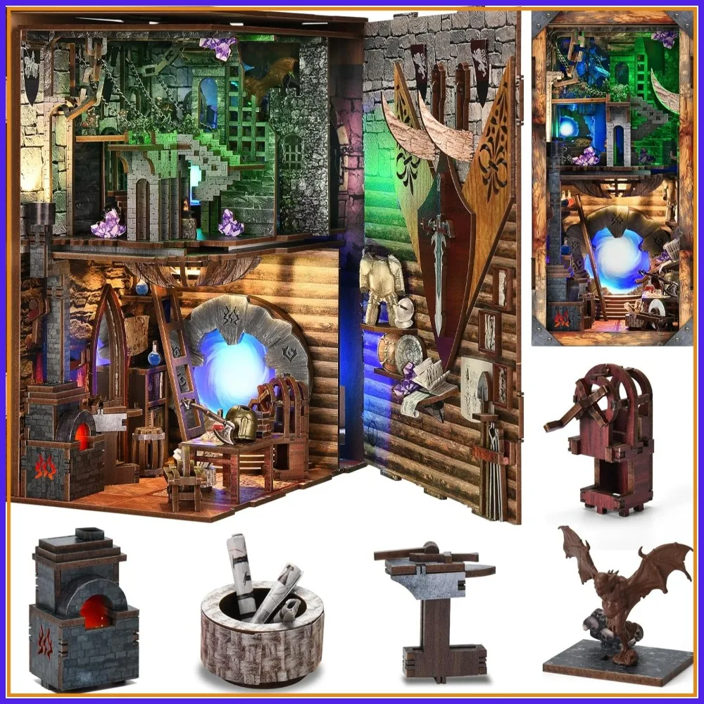 

DIY Book Nook Kit 3D Wooden Puzzle Bookshelf Insert with LED Light for Adults Teens