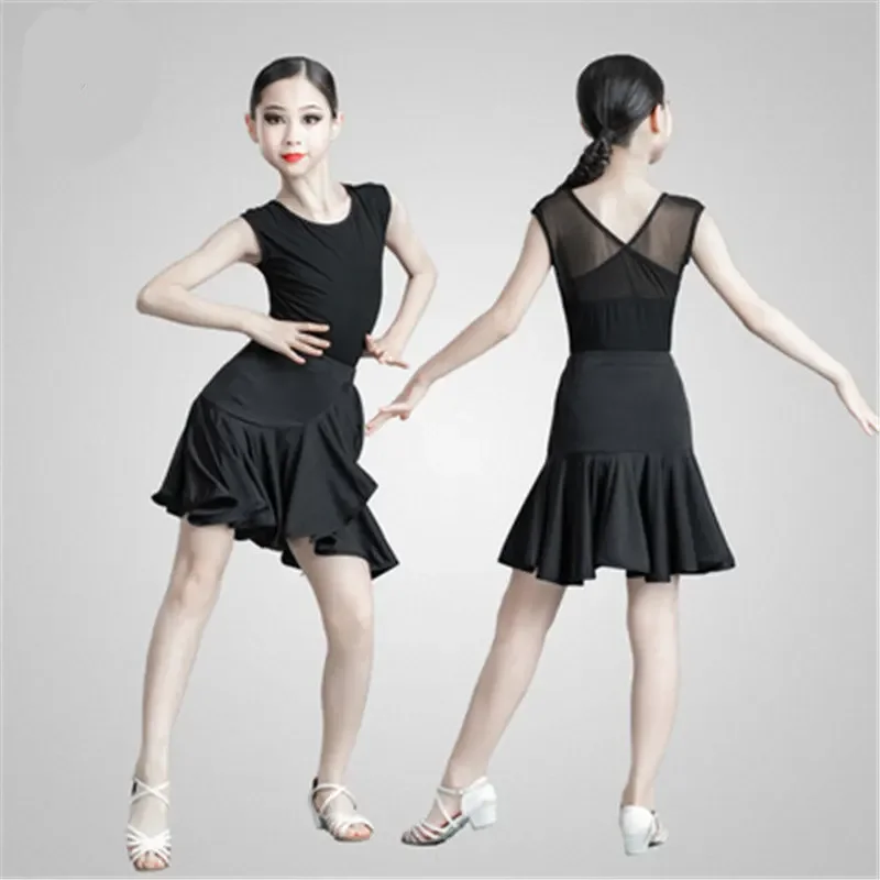 어린이 라틴 댄스 복장 전문 댄스 훈련 의상 소녀 블랙 탑 스커트 정장 룸바 라틴 댄스 착용