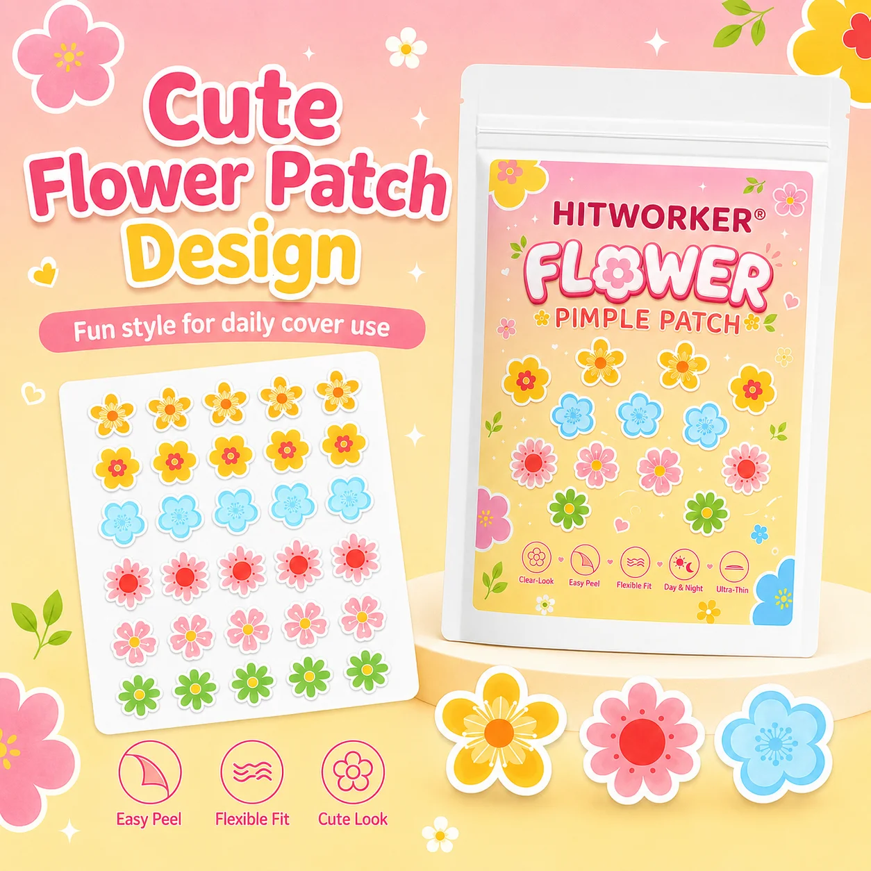 HITWORKER 300/150 Acne Patch |   Water Colloidal Flower Acne Patch |   Effectively absorbs acne secretions and gently cleanses