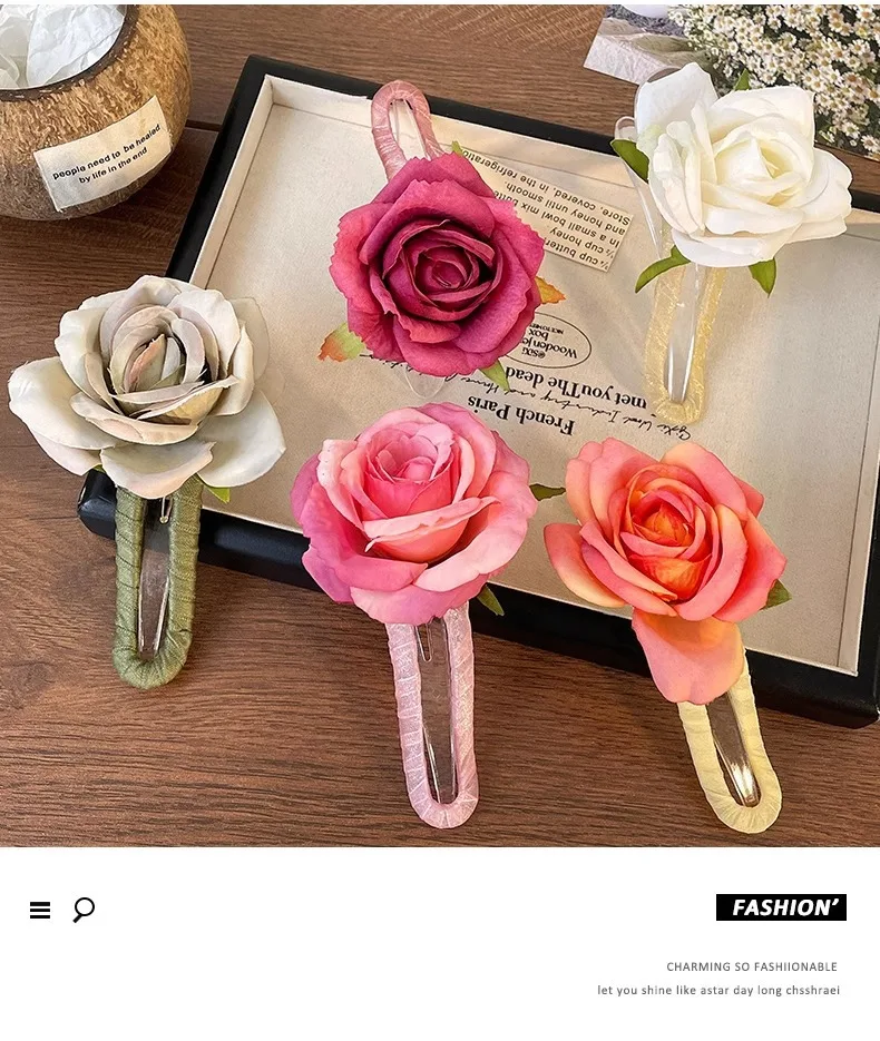 

New Style Delicate Rose Flower Fabric Duckbill Sweet Hair Accessories for Women Professional Salon Partition Fixed Hair Clips