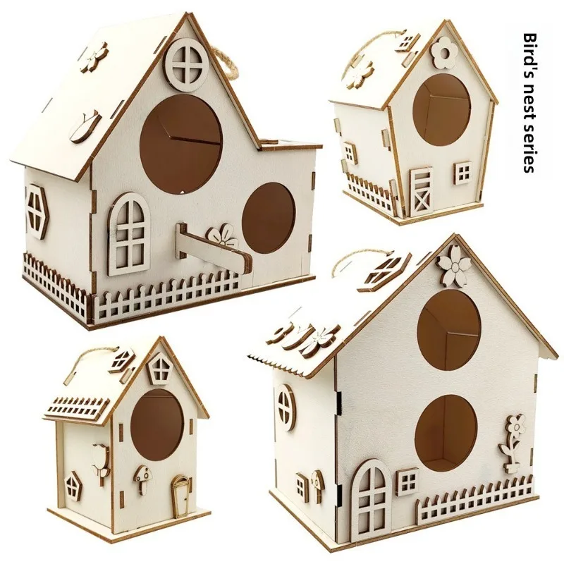 

Solid wood bird house toy set children's DIY creative graffiti house wooden nest pendant outdoor lanyard bird cage