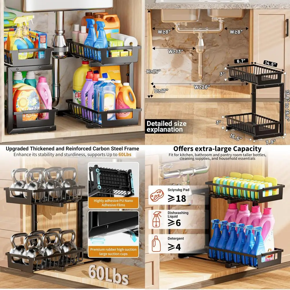 

Under Sink Organizer 2 Pack, 2 Tier Adjustable High Load-bearing Reinforced Carbon Steel Smooth Pull-out Under Kitchen Bathroom