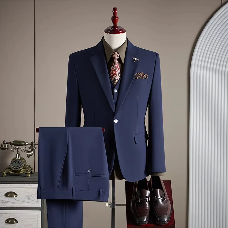 

High-quality Slim Fit Men Suits British style 3-piece (Blazer+ Vest + Pants) Formal Tuxedos Elegant Double Breasted Male Blazers