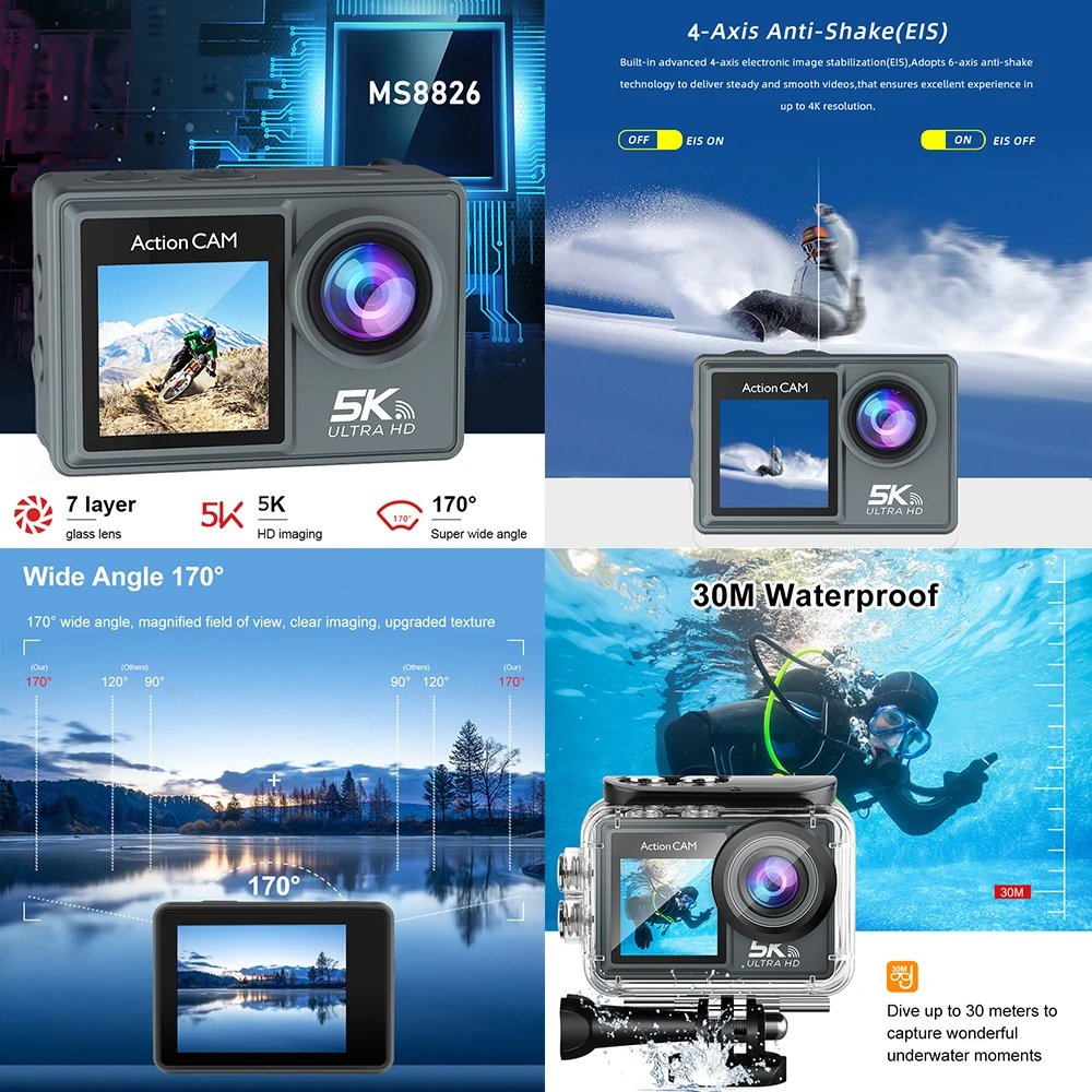 5K 4K60FPS akce kamera dvojí IPS dotek LCD EIS 170àâàâàâàâàâàâàâà° DVR 30M vodotěsný 5X zaskočit sport kamera s bezdrátový mikrofon & pre nahrávka