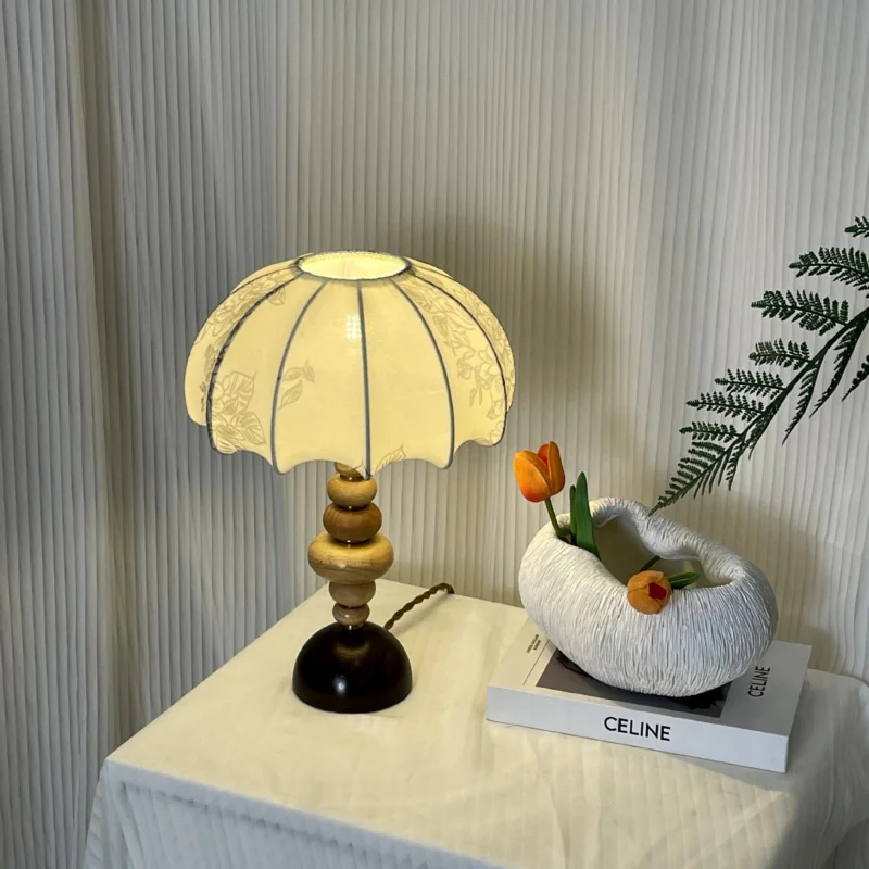 Lámpara de mesa Wabi-sabi con cuentas de madera Vintage para decoración del hogar y dormitorio con pantalla de tela elástica, lámpara de escritorio E27 de ambiente clásico