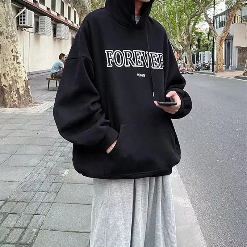 Autumn Men's Forever Letter Print Pullovers Hoodies New Fashion Hooded Sweatshirts Casual Tracksuit Loose Male Y2K Streetwear