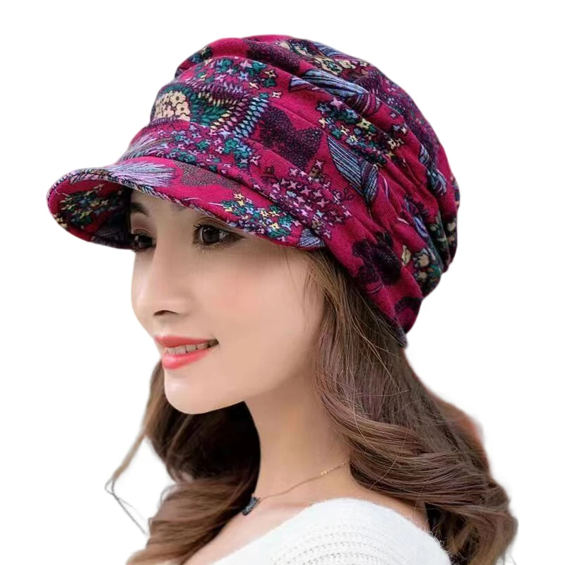 Fashion Women Warm Windproof Caps Floral Print Turban Visor Wide-Brimmed Hats Winter Turbante Cap Apparel Accessories