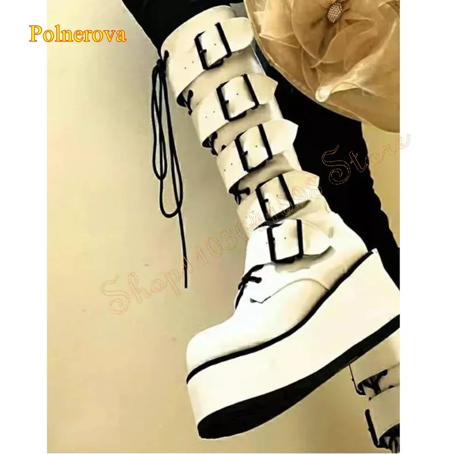 

Leather Buckle Knee Boots,Thick Sole Round Toe Women Boots Fashion Strappy High Heel Boots Plus Size 2025 Zapatos Para Mujere