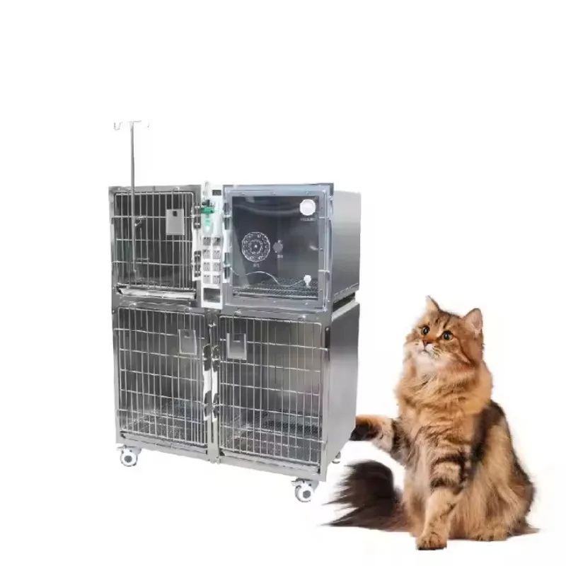 جناح قفص العلاج بالأكسجين متعدد الوظائف من الفولاذ المقاوم للصدأ البيطري مع ميزان الحرارة الرطب والجاف #4