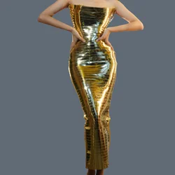 Women Dinner Party Evening Dress High-end Mystical Gold Strapless Bodycon Long Dress Sexy Slimming Ladies Prom Gown Dianti