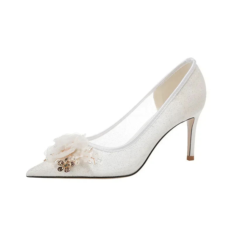Size 33-41 Wedding Shoes Women New White Bride Shoes Lace Mesh Flower Dress 8cm High Heels Bridesmaid Pumps