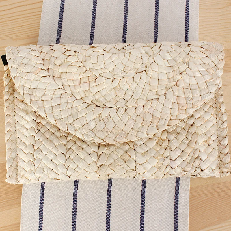 Corn Husk Weave Dinner Clutch Bag Women's Fashion Simple Solid Straw Handbag Purse Summer Casual Vacation Ladies Wallet