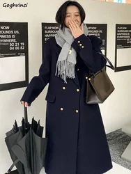 Blends Women Navy Blue Solid Casual Korean Fashion Style Daily Office Lady Tender Classic Warm Basic Vintage Soft Classics Retro