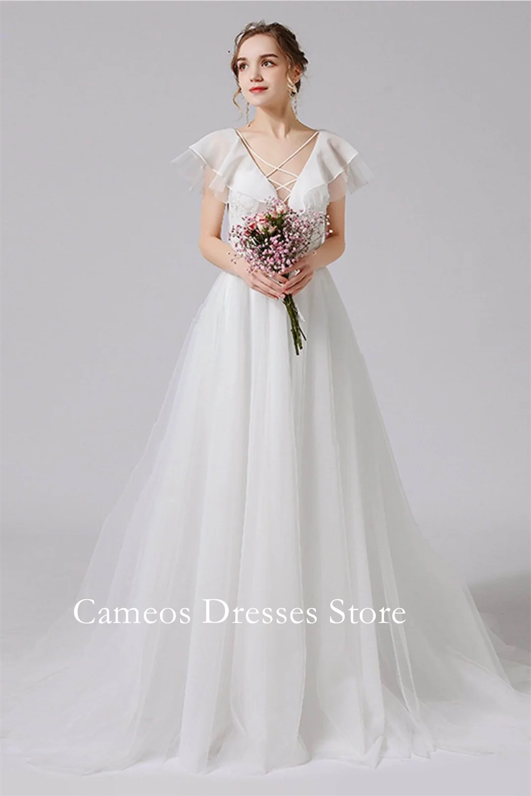 SONDR Customized V-Neckline Ruched Ivory Wedding Dresses A-Line Tulle Lace Criss-Cross Brides Gowns Women Bridal Dresses