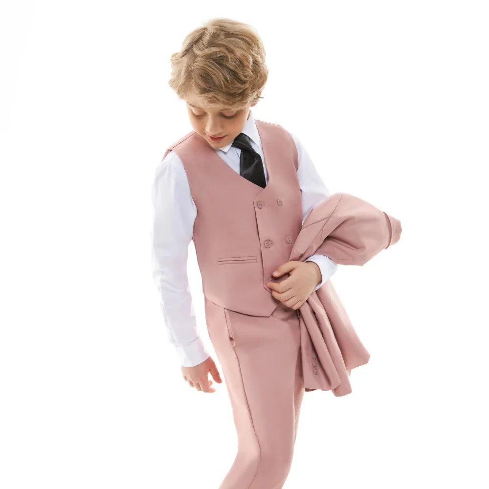 Trendy Pink Solid Suit Set For Kids For Wedding Party Graduation Communion Back-To-School Children Tuxedo Set 4 Pcs Suits