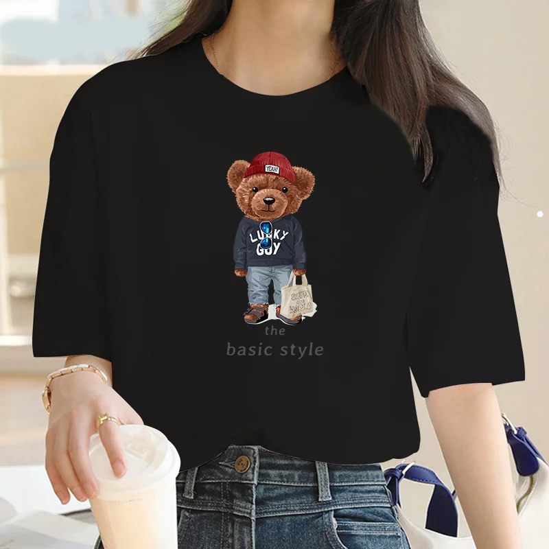 Teddy Bear Print T-shirt clothing Funny women Short sleeve T-shirt Hip Hop cotton T-shirt Party movement is essential