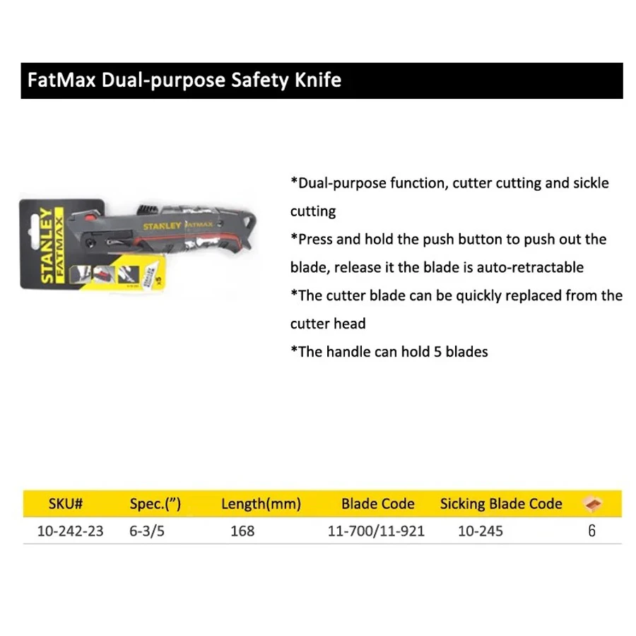 STANLEY 10-242-23 FatMax Safety Knife with 5 Blades Automatic Retractable Knife Dual-purpose Safety Cutter for Cutting Hand Tool