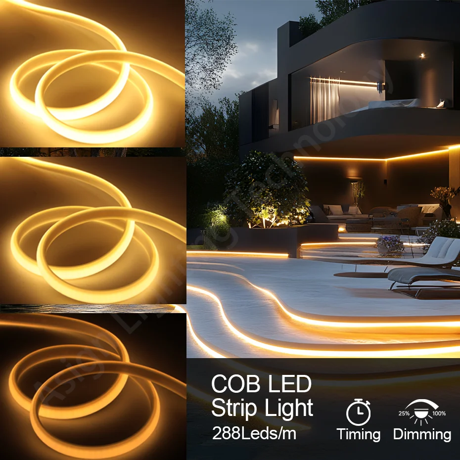 Striscia LED COB impermeabile IP65 220V 1m-25m 288LED/m con spina EU/AU/UK/US e dimmer temporizzato per illuminazione interna/esterna