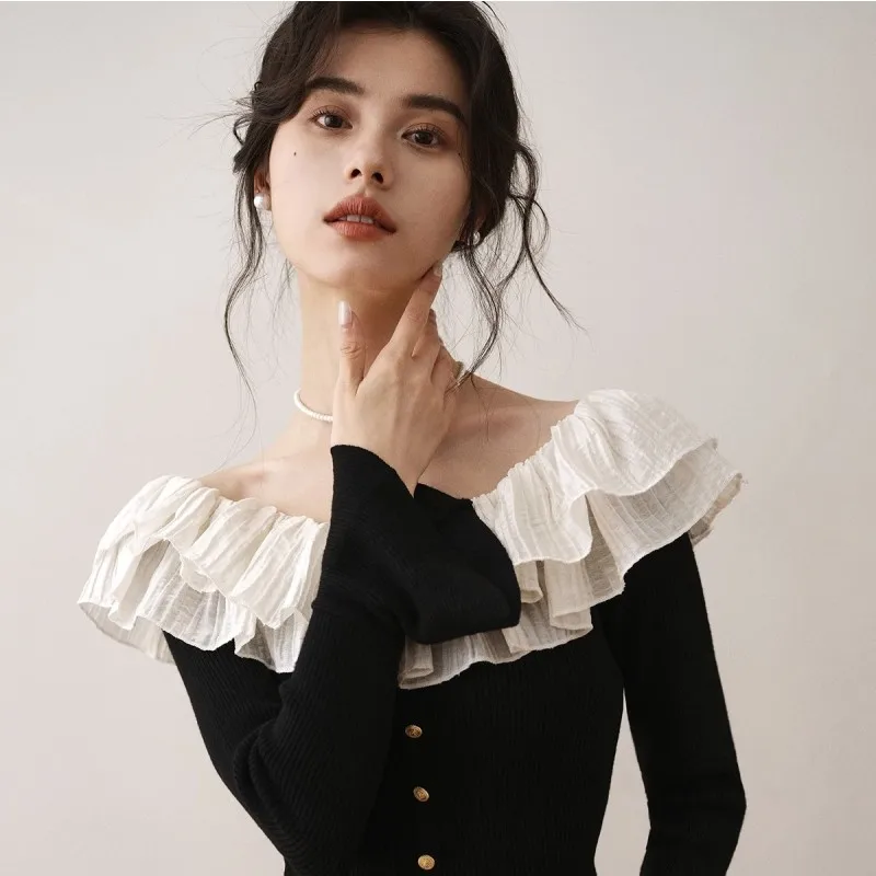 Ruffled Black Woolen Sweater Women\'S Early Autumn New One Line Neck Contrast Button Knitted Slim Fit Sweater