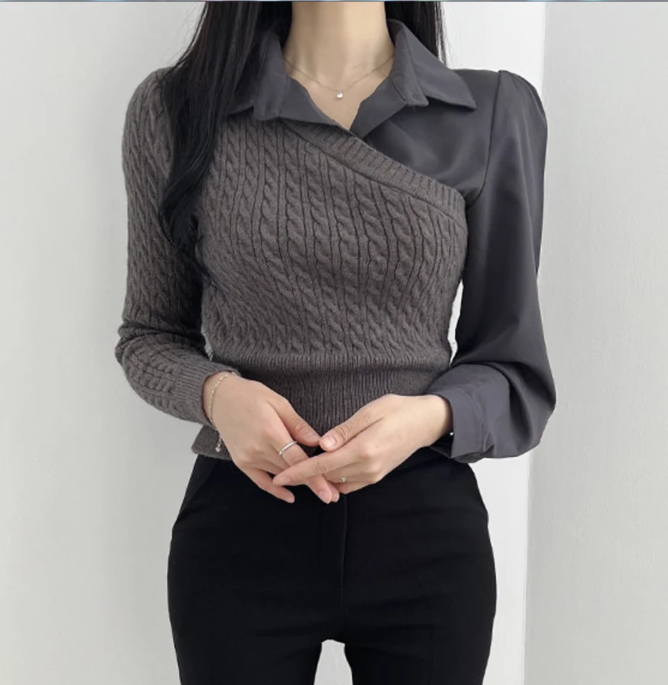 

WTIANYUW Knitted Sweater Women Fake Two Piece Patchwork Lapel Korean Fashion Pullover Outwear Stretch Office Lady Elegant Jumper