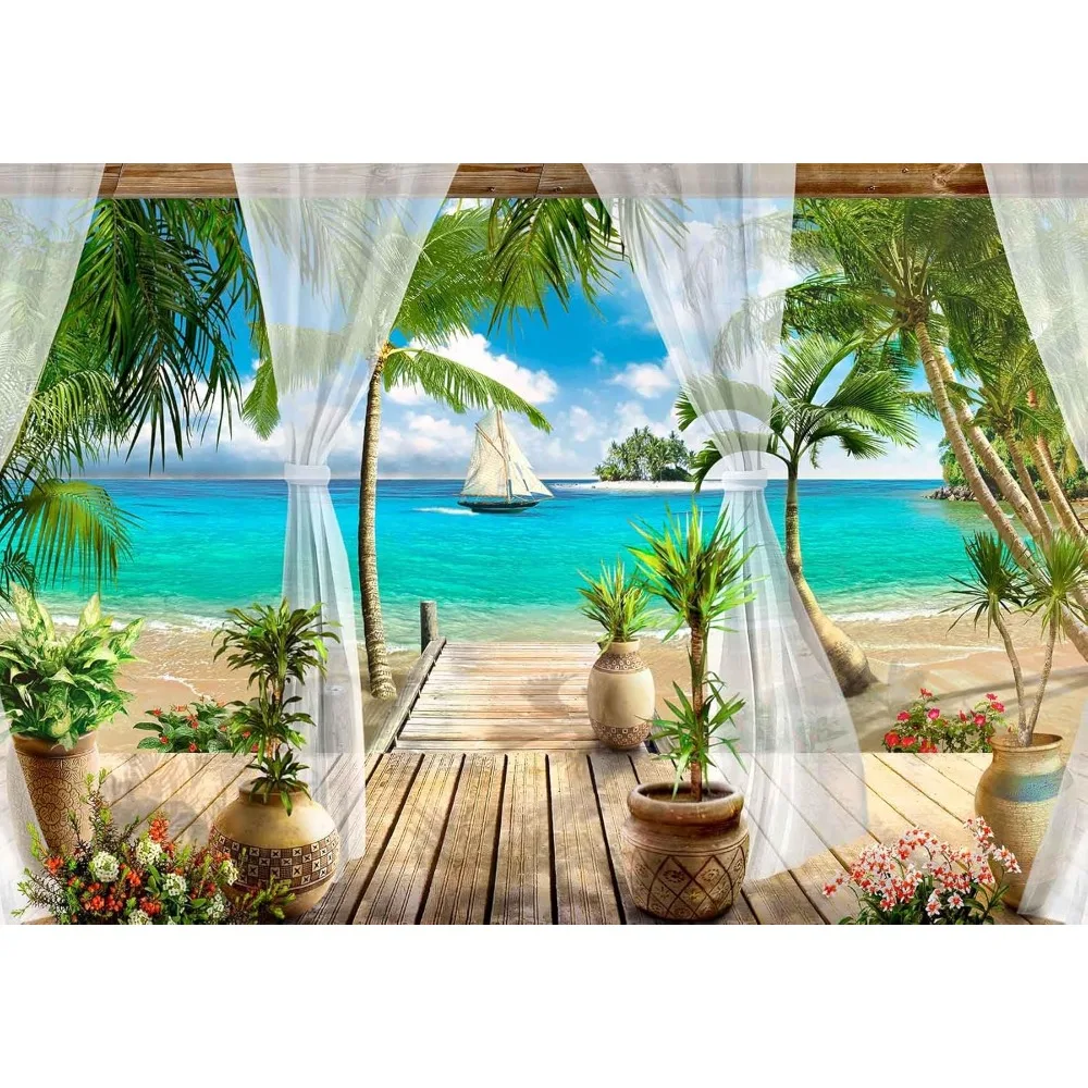 

Tropical Beach Seascape Wallpaper Mural Blue Seawater Palm Tree Wall Mural for Bedroom Livingroom(Not Self-Adhesive)